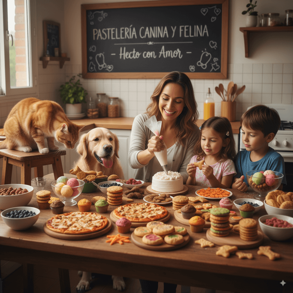Mascotas y familia disfrutando snacks naturales